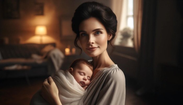 A mother smiling while holding her sleeping newborn.