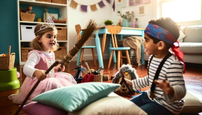 Two young children playing make-believe in their play room.